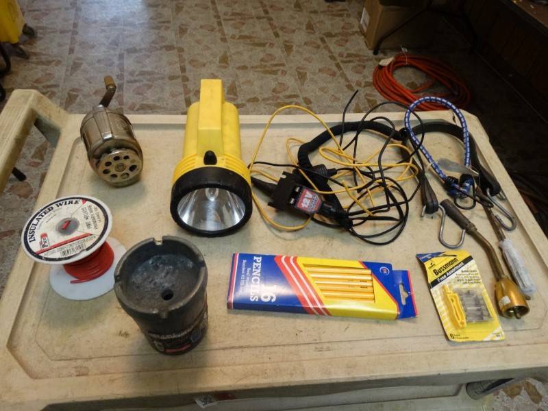 lot 2134 image: Flashlight, Pencil Sharpener, Insulated Wire & Hardware