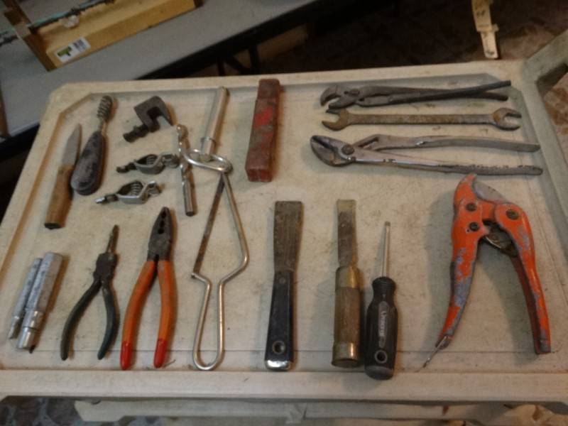 lot 2165 image: Pvc Cutter, Wrenches, Pliers, Screw Driver, & Drill Bits