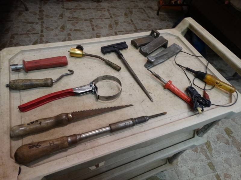 lot 2226 image: Nice Tool Lot Torch Head, Soldering Irons, Test Light, Big Reamer, Oil Filter Wrench, Keythole Saw