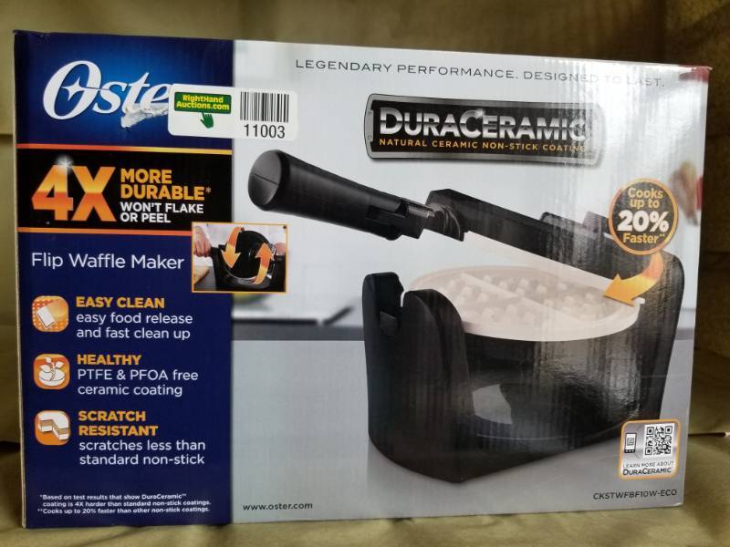 lot 11003 image: Oster DeraCeramic Flip Waffel Maker - with original packaging.