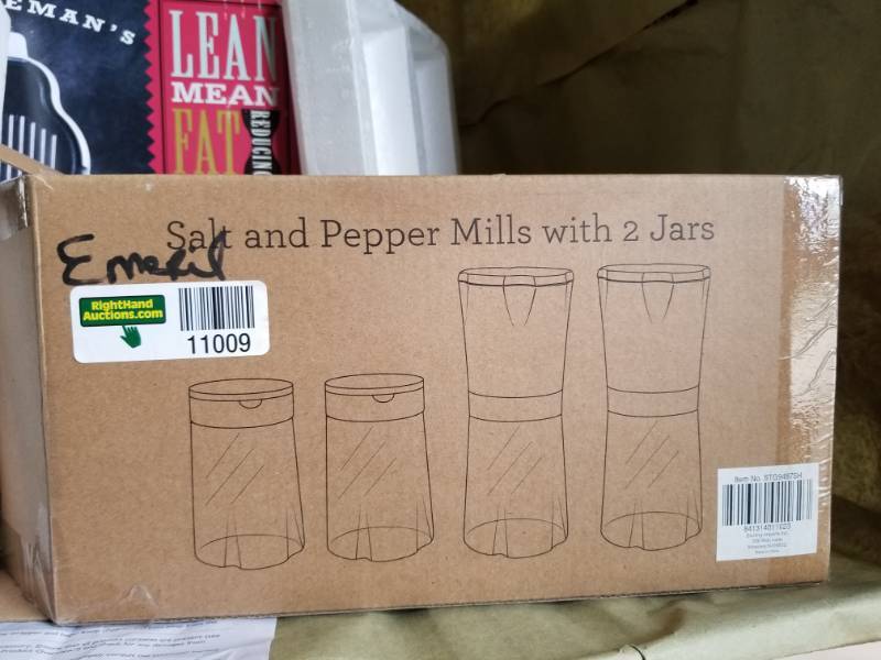 lot 11009 image: Emeril Salt and Pepper Mills with two jars And George Foreman Lean Mean Fat reducing Grilling Machine