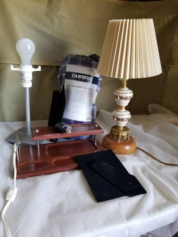 lot 11069 image: Two Vintage Lamps, Cannon Fleece Plaid Blanket Throw, Vintage Dresser Top Valet, 5 x 7 Easel Back, Portable Personal Nose Hair Removal Trimmer