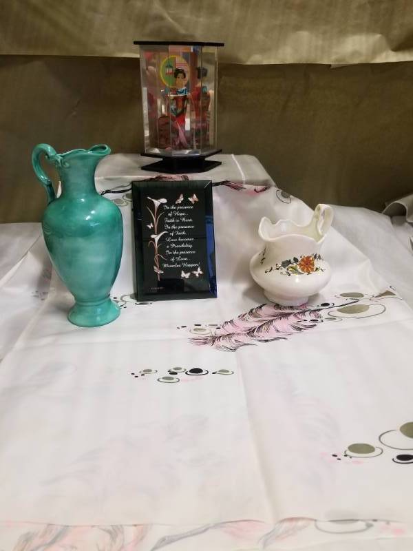 lot 11087 image: Vintage Made in Japan Beautiful Geisha Doll in Glass and Wood Case, two vintage pitchers bud vase, smoke mirrored pitcher with etching