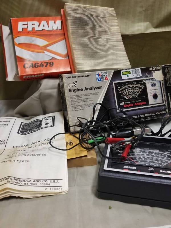 lot 11089 image: Vintage Sears #28 2163 12-Volt Engine Analyzer, FRAM CA6479 Extra Guard Flexible Rectangular Panel Air Filter