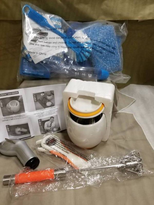 lot 11096 image: Egg-Tastic Ceramic Microwave Egg Cooker, Power Whip, Can Opener, Light weight battery operated screwdriver