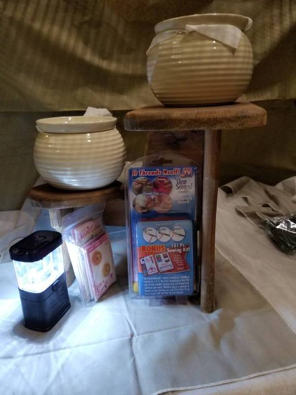 lot 11105 image: Two Self-watering planters, As Seen On TV One Second Needle with Bonus Sewing Kit, LED Mini Lantern, Vintage Buttons