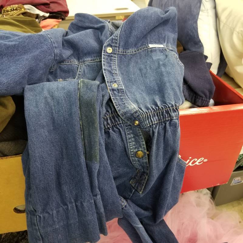 lot 12054 image: Womens Medium Jean Jumpsuit,  Crochet Sweater, medium womans Pants