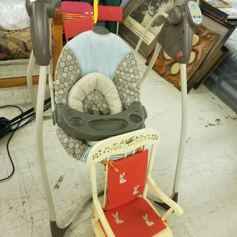 lot 12075 image: Graco Baby Swing, Childs Wood Chair