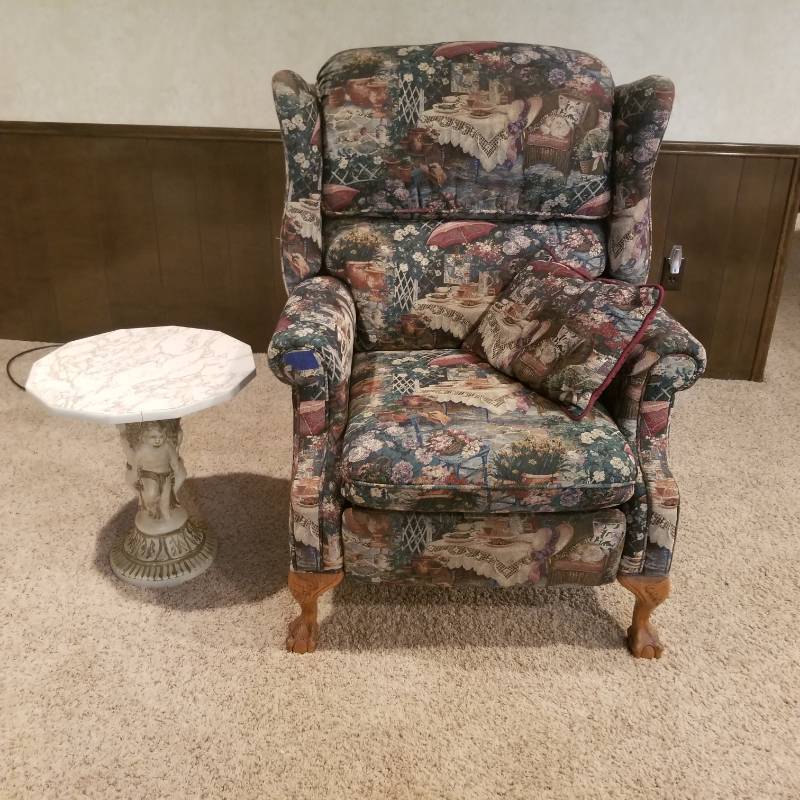 lot 2 image: Beautiful upholstered recliner with big claw feet gorgeous