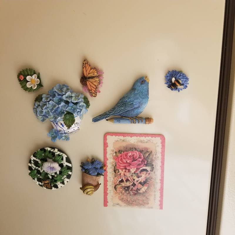 lot 11568 image: Marjolein Bastin for Hallmark Blue Bird on Pencil Magnet, Vintage Hallmark Marjolein Bastin Monarch Butterfly Magnet, Window Hanging Sun Catchers