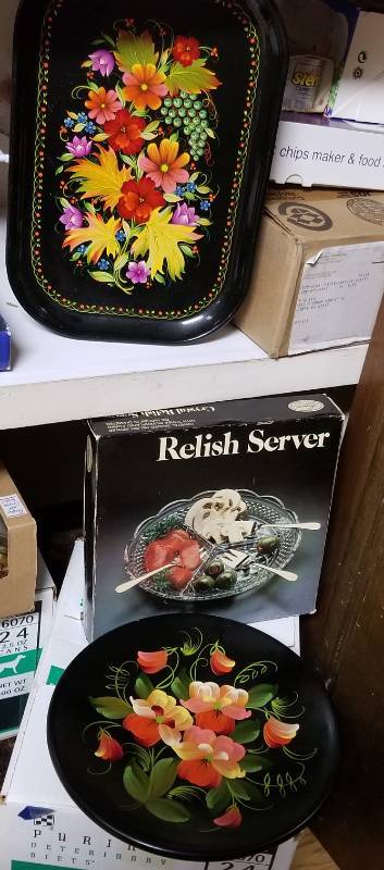 lot 11593 image: Vintage Hand Painted Wood Bowl And Rectangle Platter - Vintage Home Decor - Hand Painted Floral - Wall Hanging Vintage Leonard 8129 Towle Silverplate & Crystal Relish Dish with 3 serving forks