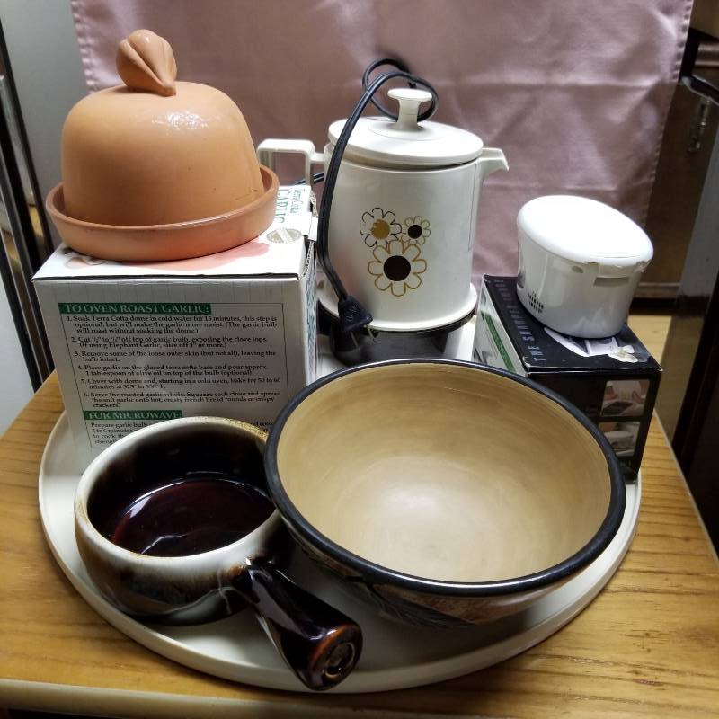 lot 11597 image: Share Regal Poly Hot Pot 5 Cup Warmer Server , Brown with frosted rim and handle bean bowl, Terra Cotta garlic roaster, 3 in 1 Garlic Press
