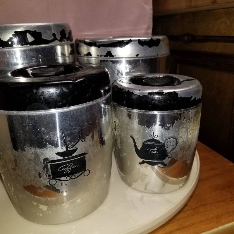 lot 11601 image: VTG 50S 60s WEST BEND SILVER ALUMINUM BLACK CANISTER SET FLOURSUGARTEACOFFEE