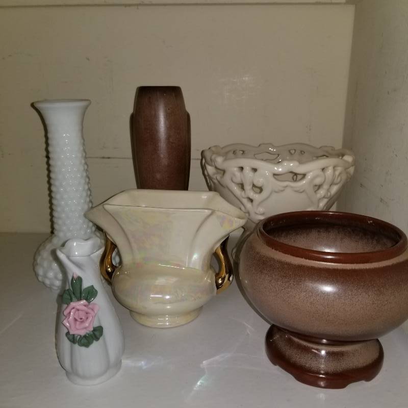 lot 11605 image: VINTAGE FRANKOMA POTTERY BULLET ART-DECO VASE, BROWN  Vintage Frankoma Potter Brown Pot,   Fruit Dish and Two Vases