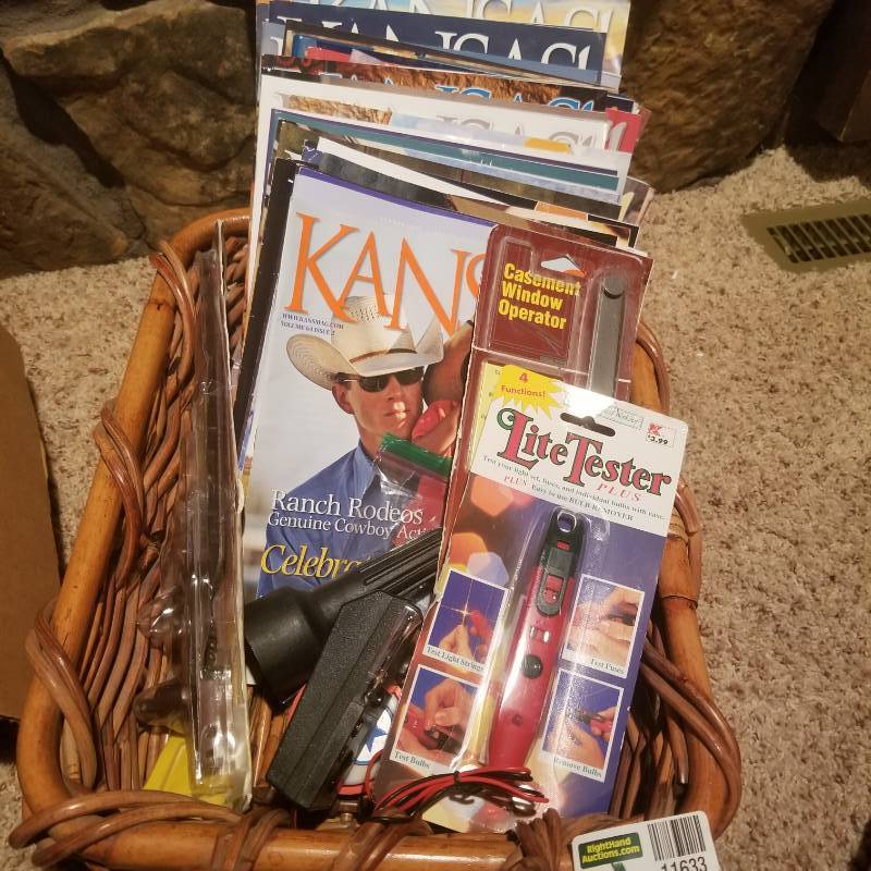 lot 11633 image: Basket of Reading and Honey Do Tools for the Home