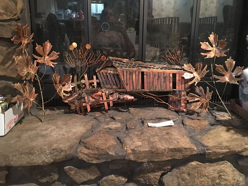 lot 11622 image: Enesco Covered Bridge Sculpture Copper Wall Decor, Vintage Copper  Maple Leaves