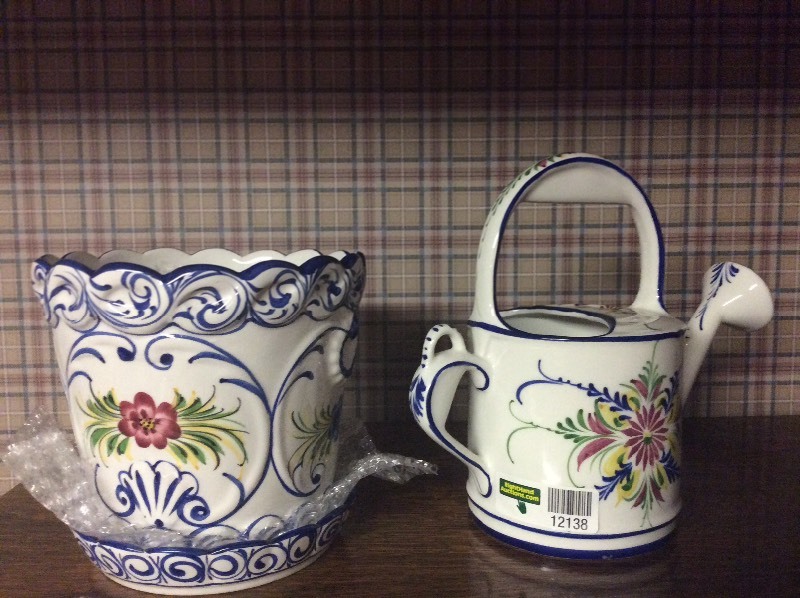 lot 12138 image: RC & CL Ceramic Hand Painted  Portugal Watering Can and Planter
