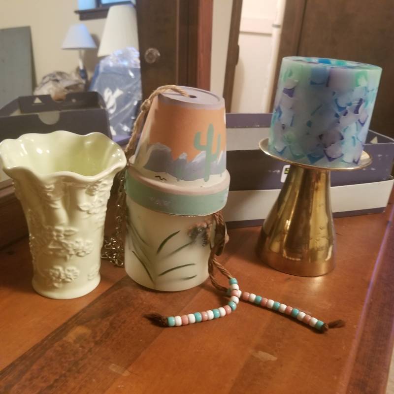 lot 12196 image: 2 Beautiful Candles, Brass Candle holder, Pot made into wind chimes