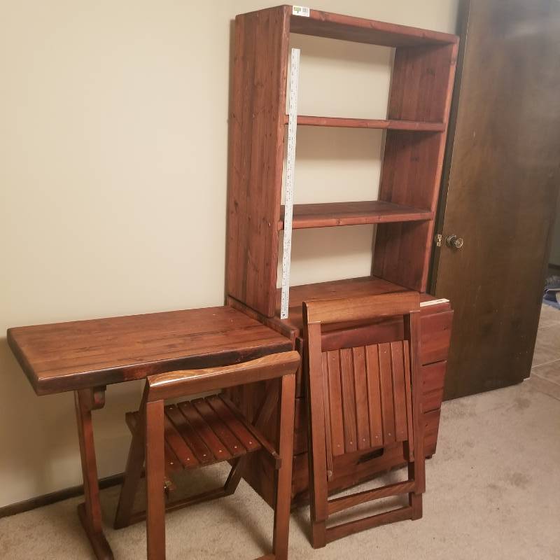 lot 12219 image: Vintage Wood Dresser, Hutch, Desk and 2 Folding Chairs