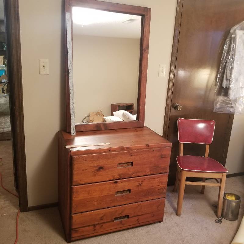 lot 12220 image: Vintage Wood Dresser, Framed Mirror