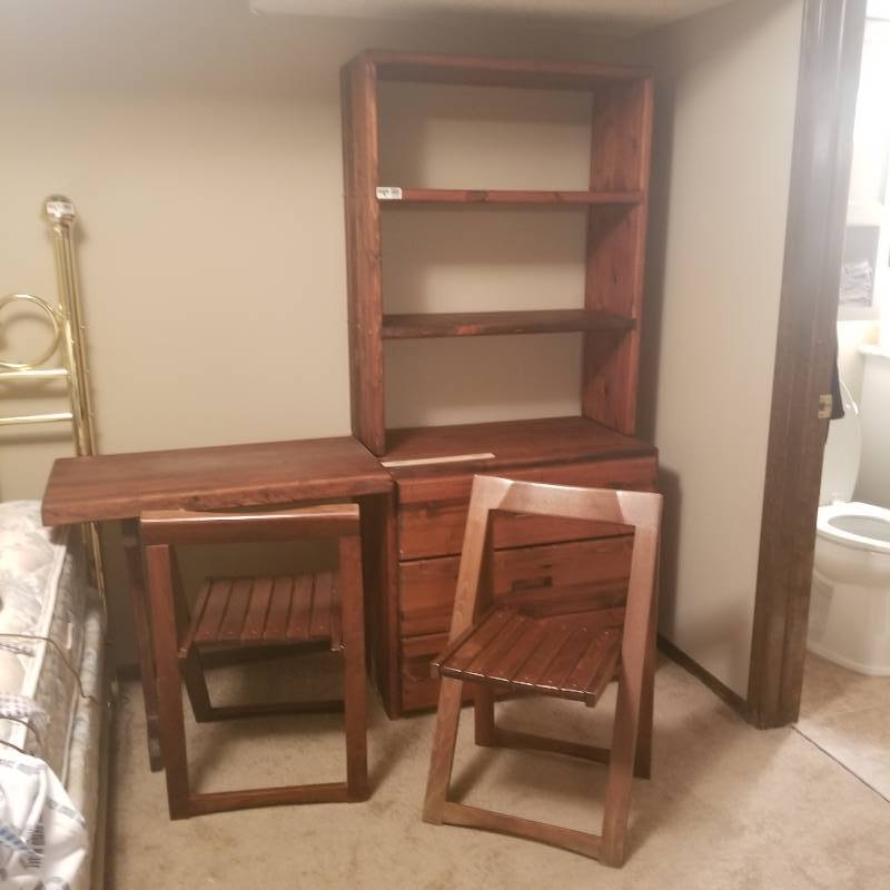 lot 12239 image: Vintage Wood Dresser, Hutch, Desk and 2 Folding Chairs
