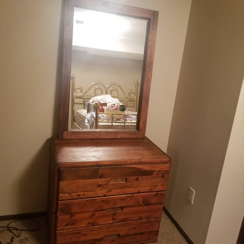 lot 12240 image: Vintage Wood Dresser, Framed Mirror