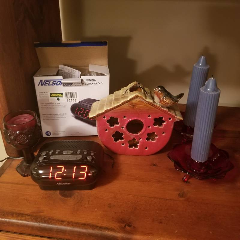 lot 12242 image: Avon Ruby Red Cape Cod Small Goblet, Ceramic Bird House, Red Candle Holders, Blue Candles