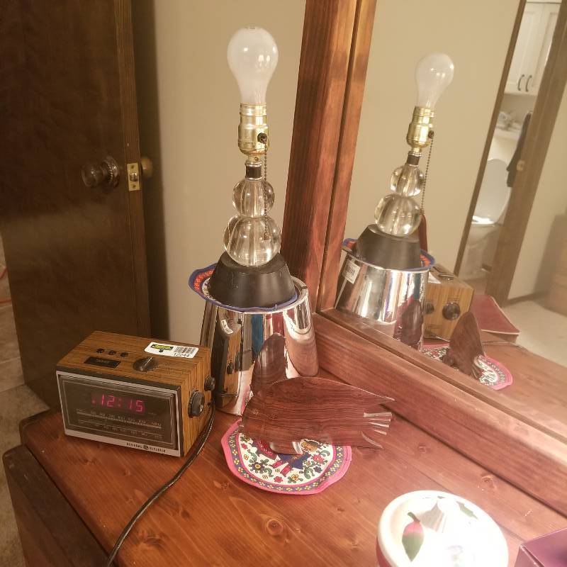 lot 12244 image: Lamp, Silver Planter, Radio, Hot Pads