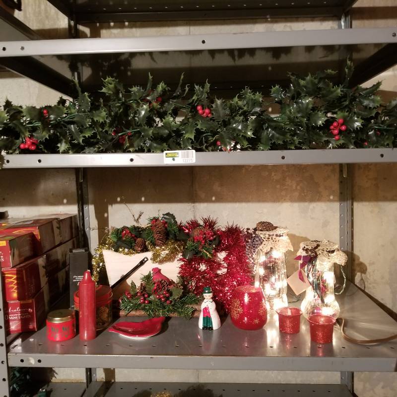 lot 12275 image: Vintage Plastic Holly Garland Christmas Tree Mantle, Christmas Decor and Candles