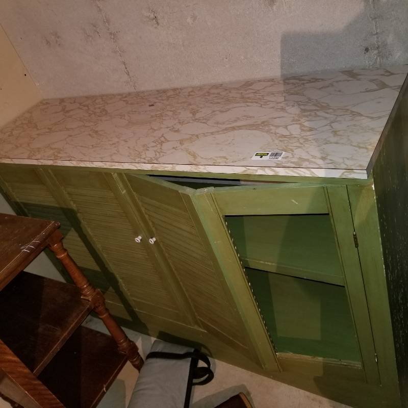 lot 12286 image: Vintage Avocado Green Cabinet with Linoleum Top, Shutters for 2 Bi Fold Doors