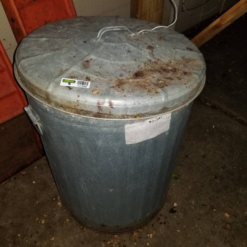 lot 12308 image: Trash Can, Utility Cans and Vintage Typing Table