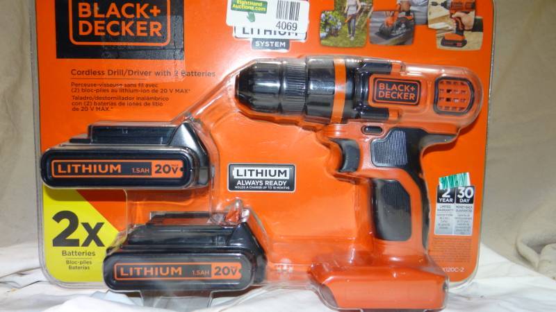 lot 4069 image: Black and Decker 20v Cordless Drill - LITHIUM ION - Comes with 2 Batteries and Charger, and THE PACKAGE IS UNOPENED
