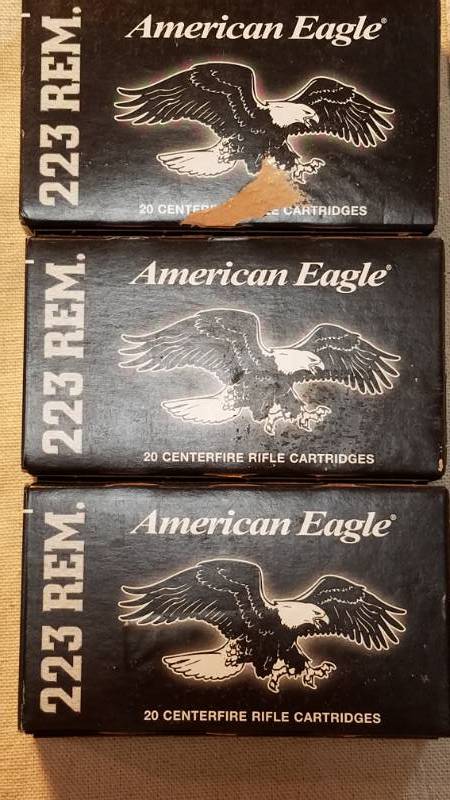 lot 9035 image: .223 Ammo - American Eagle - 3 Boxes, 1 Bid