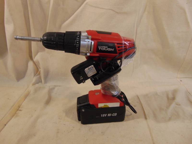 lot 9385 image: Hyper Tuff 18v Cordless Drill with Battery, Charger, and Bit Extension  See that Light On