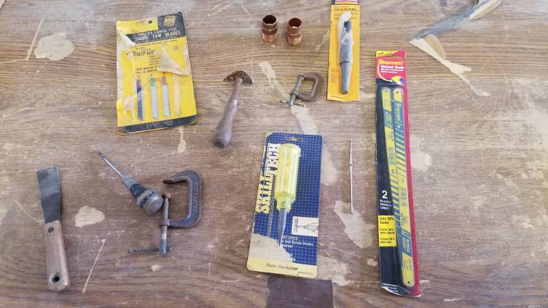 lot 1209 image: Lot of Tools - New Items - Big Drill Bit, Saw Blades, Clamp, Scrapers, Awls