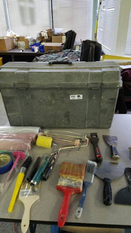 lot 1268 image: Painters Lot - Rollers and Handles, Brushes, Tape, Blades, and even a Straining Funnel, all in a Big Box