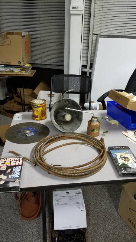 lot 1319 image: Huge Lot, Tools, Drain Snake, Saw Blades, Stain, Oil Can, Loudspeaker, and JOHNNY CASH